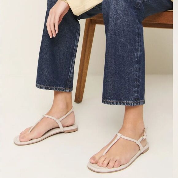 Reformation Cream Linen Thea T-Strap Women's Sandals - Picture 1 of 10